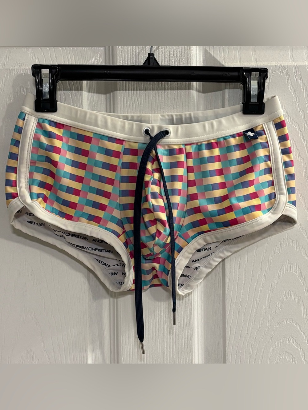 Andrew Christian Del Sol Swim Trunks Mens S Plaid Check Retro Square Cut Brief